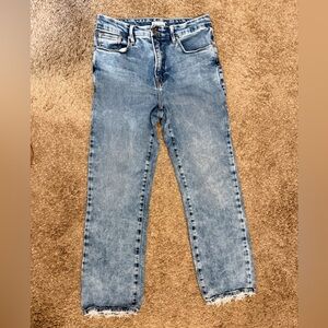 Good American Stretch Straight Ankle Indigo Blue Jean Raw Edge Size 30